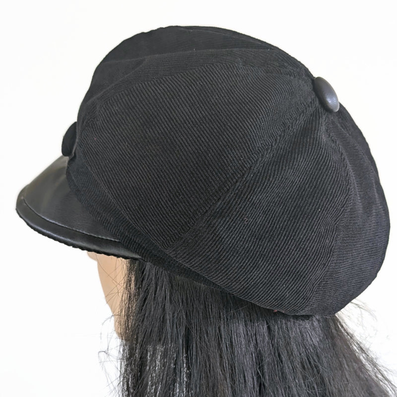 Baggy Newsboy Fashion Cap in black with black vegan leather trim, relaxed fit