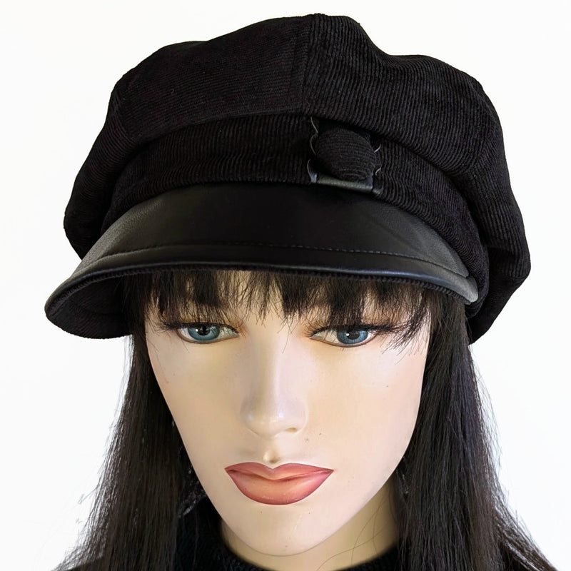 Baggy Newsboy Fashion Cap in black with black vegan leather trim, relaxed fit