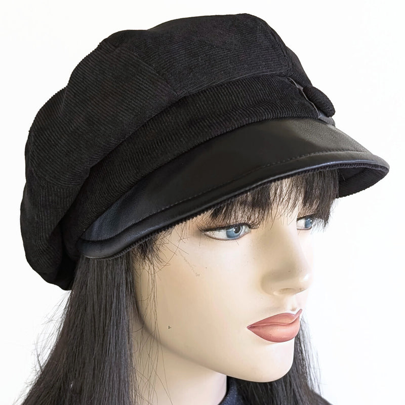 Baggy Newsboy Fashion Cap in black with black vegan leather trim, relaxed fit
