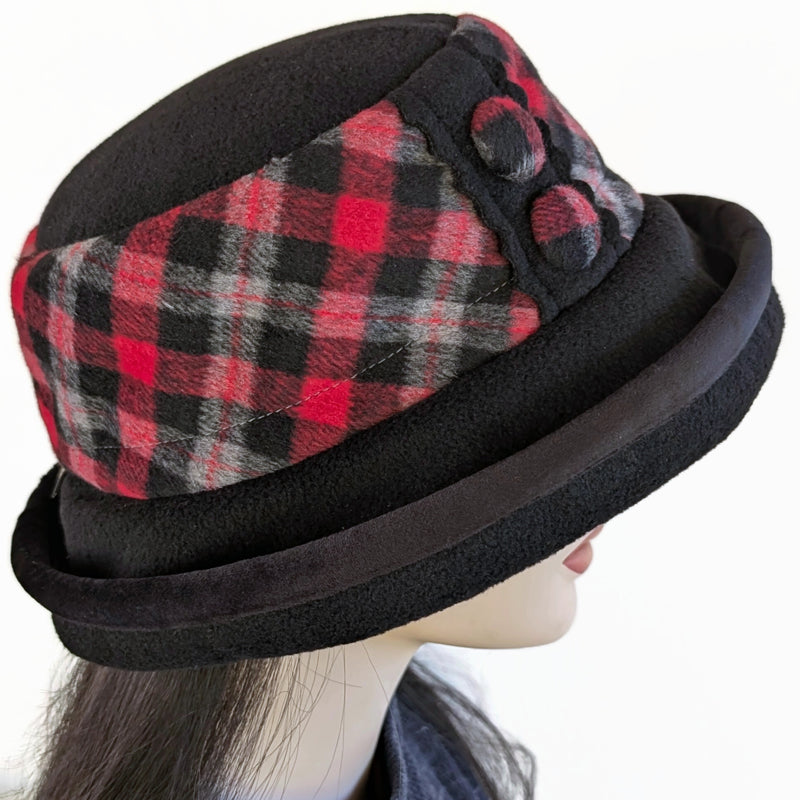 Premium Winter Fashion Hat in black with red and charcoal band, button and velvet trim and wide brim
