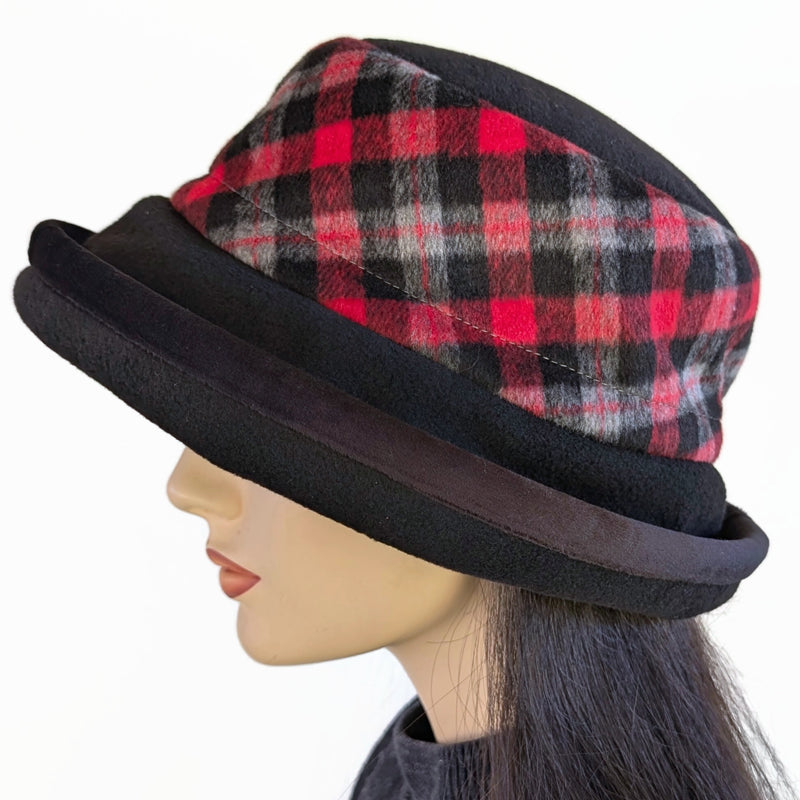 Premium Winter Fashion Hat in black with red and charcoal band, button and velvet trim and wide brim