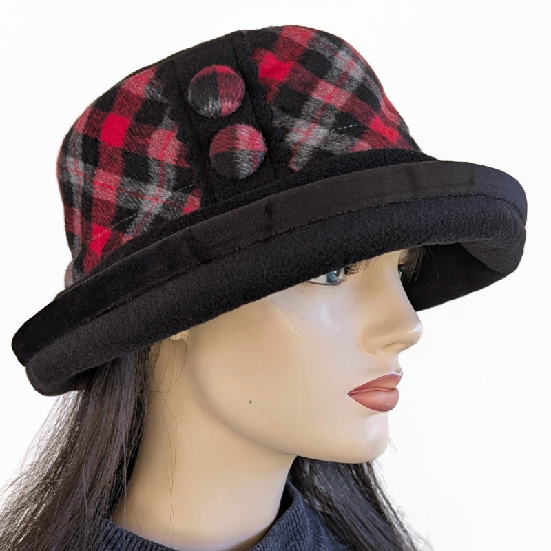 Premium Winter Fashion Hat in black with red and charcoal band, button and velvet trim and wide brim