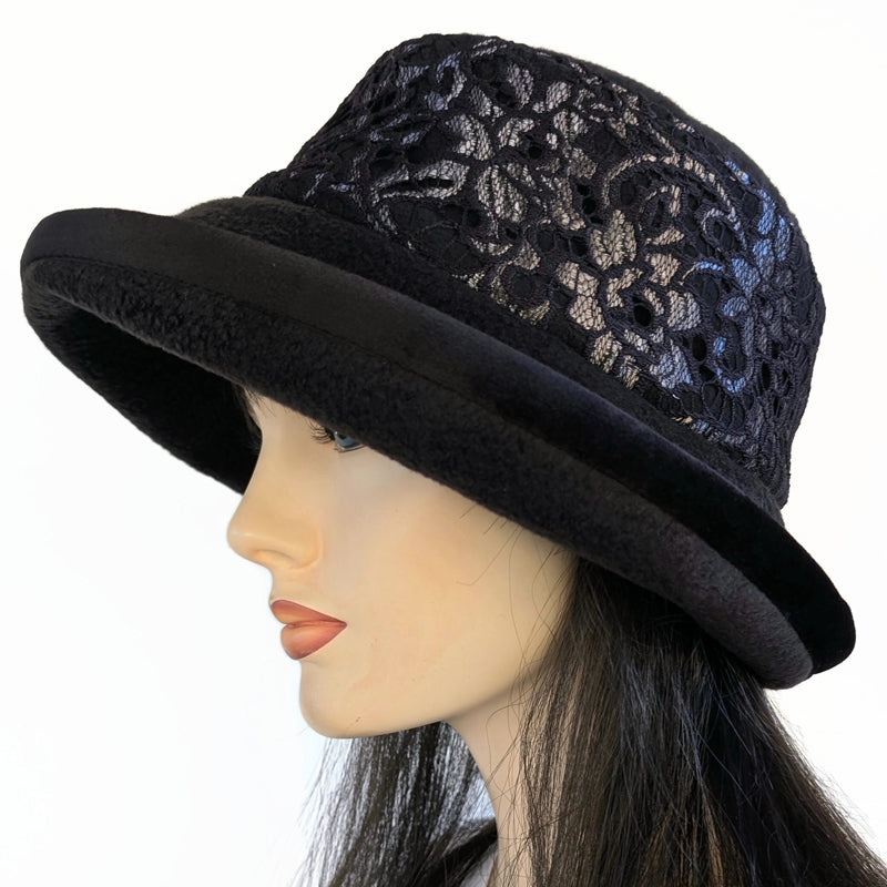 Premium Winter Fashion Hat with Earflaps, with black lace with silver foral accents band, black velvet edge trim and wide brim