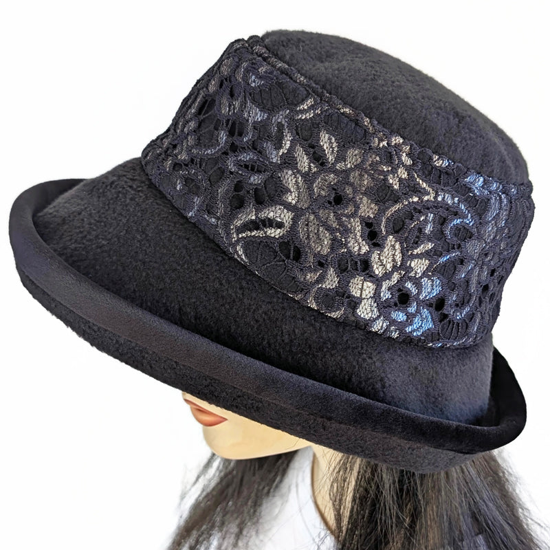 Premium Winter Fashion Hat with Earflaps, with black lace with silver foral accents band, black velvet edge trim and wide brim
