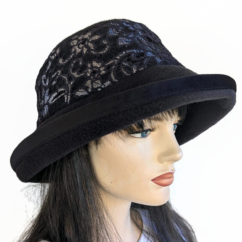 Premium Winter Fashion Hat with Earflaps, with black lace with silver foral accents band, black velvet edge trim and wide brim