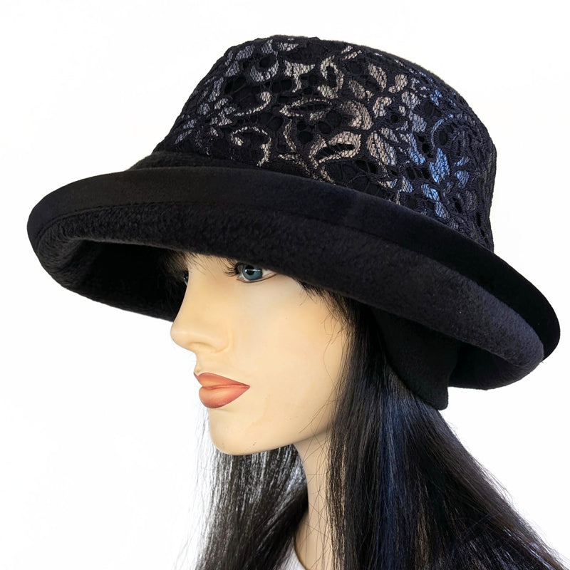 Premium Winter Fashion Hat with Earflaps, with black lace with silver foral accents band, black velvet edge trim and wide brim