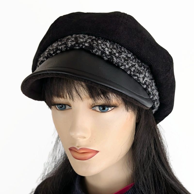 Poorboy Fashion Cap, baggy fit,  black corduroy with black vinyl visor and boucle band