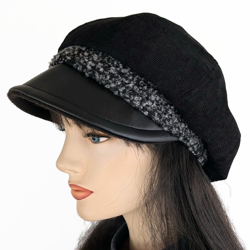 Poorboy Fashion Cap, baggy fit,  black corduroy with black vinyl visor and boucle band