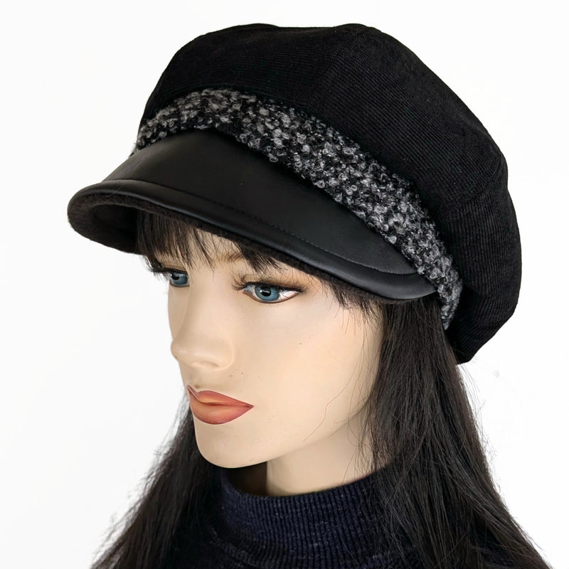 Poorboy Fashion Cap, baggy fit,  black corduroy with black vinyl visor and boucle band