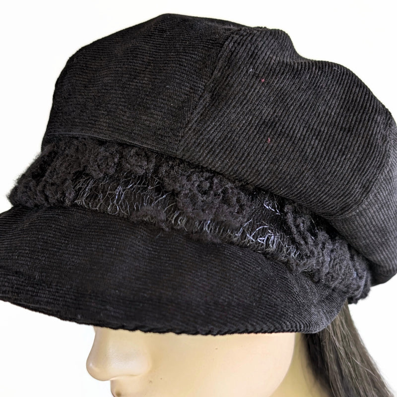 Boho Fashion Cap in black with black wooly lace trim, relaxed fit