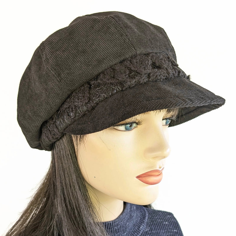 Boho Fashion Cap in black with black wooly lace trim, relaxed fit
