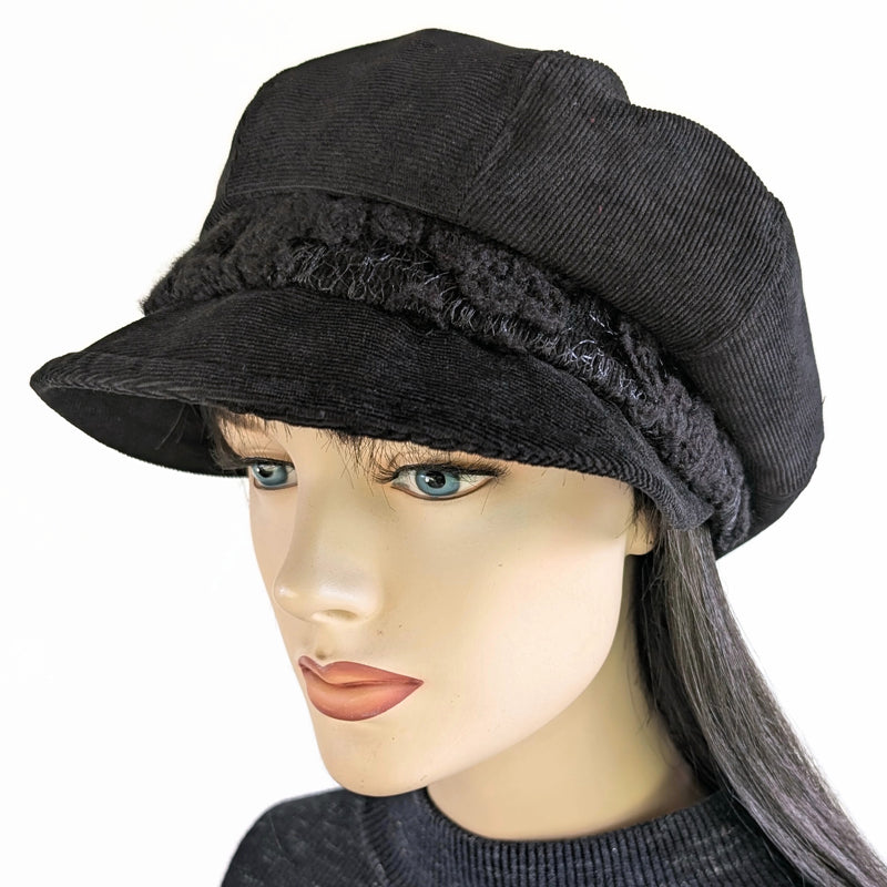 Boho Fashion Cap in black with black wooly lace trim, relaxed fit