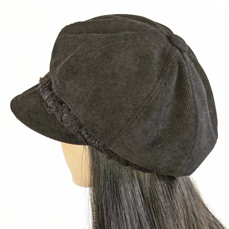Boho Fashion Cap in black with black wooly lace trim, relaxed fit