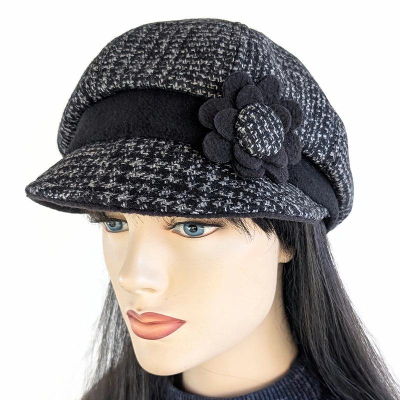 Poorboy Fashion Cap, relaxed fit, black and charcoal woolen plaid with floral pin