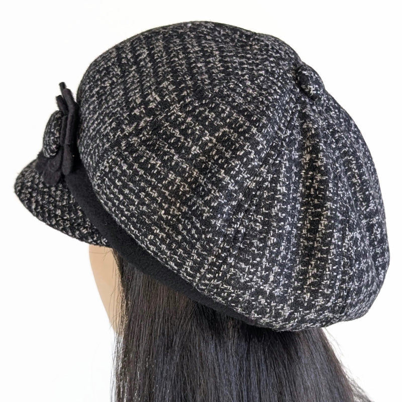 Poorboy Fashion Cap, relaxed fit, black and charcoal woolen plaid with floral pin