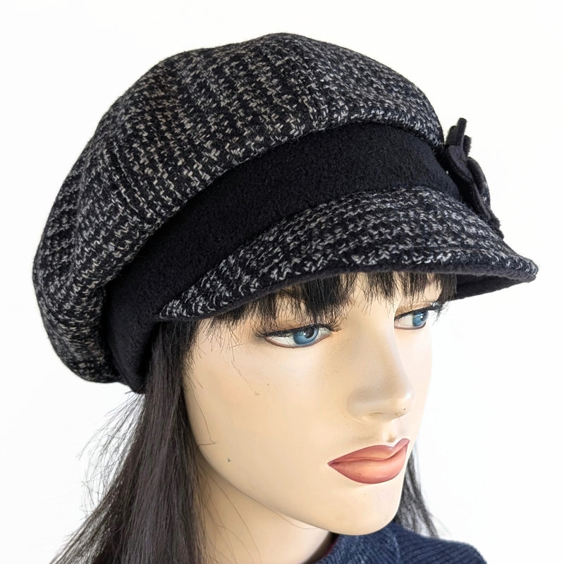 Poorboy Fashion Cap, relaxed fit, black and charcoal woolen plaid with floral pin
