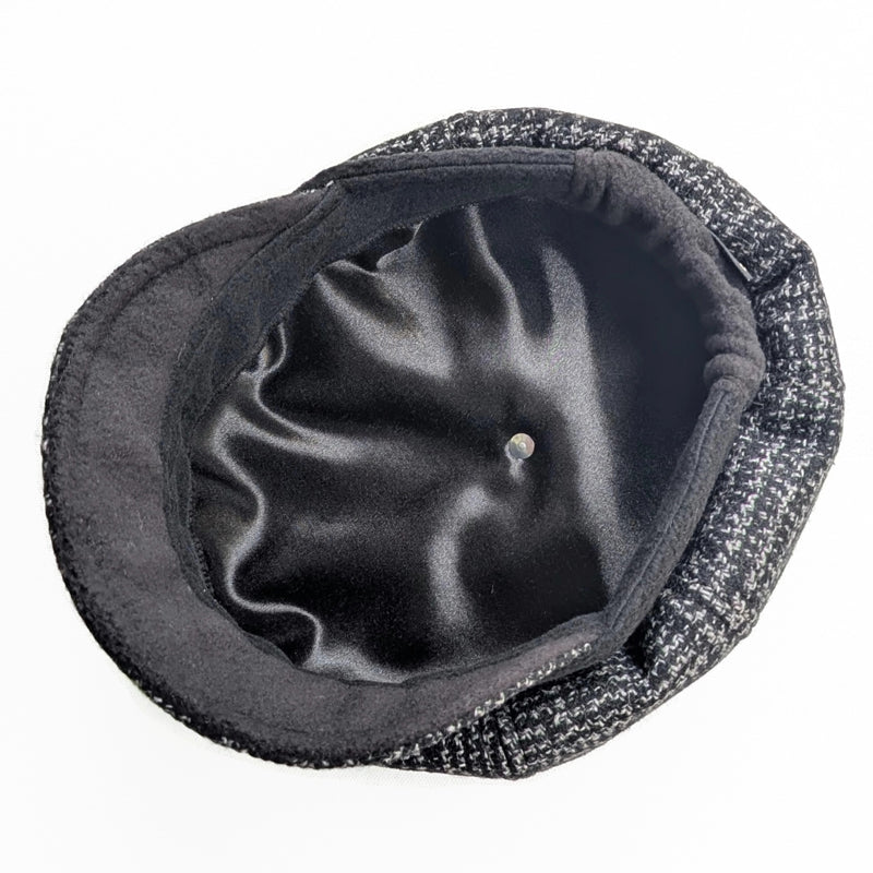 Poorboy Fashion Cap, relaxed fit, black and charcoal woolen plaid with floral pin