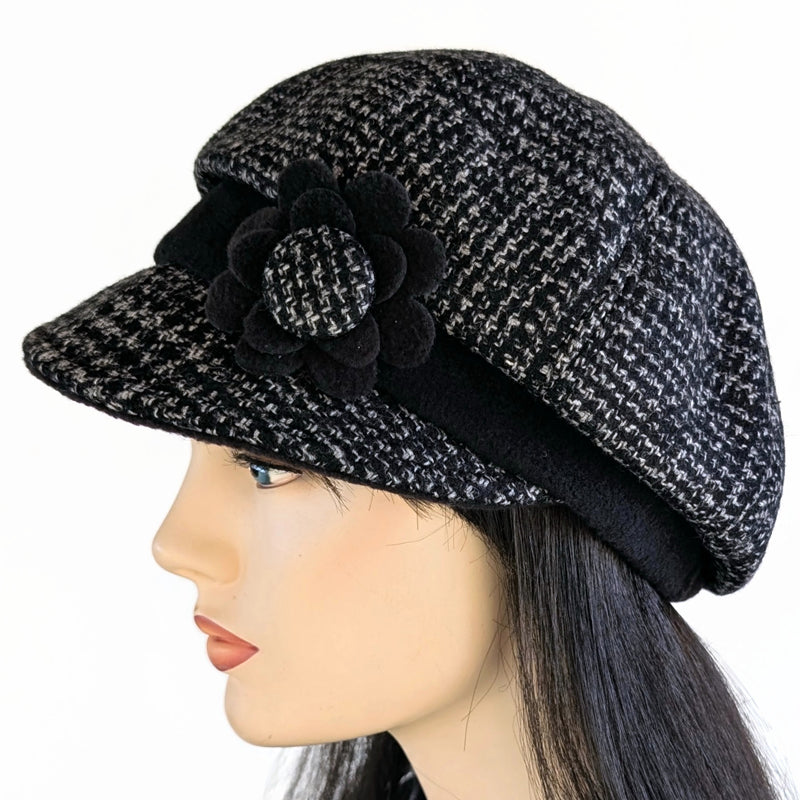 Poorboy Fashion Cap, relaxed fit, black and charcoal woolen plaid with floral pin