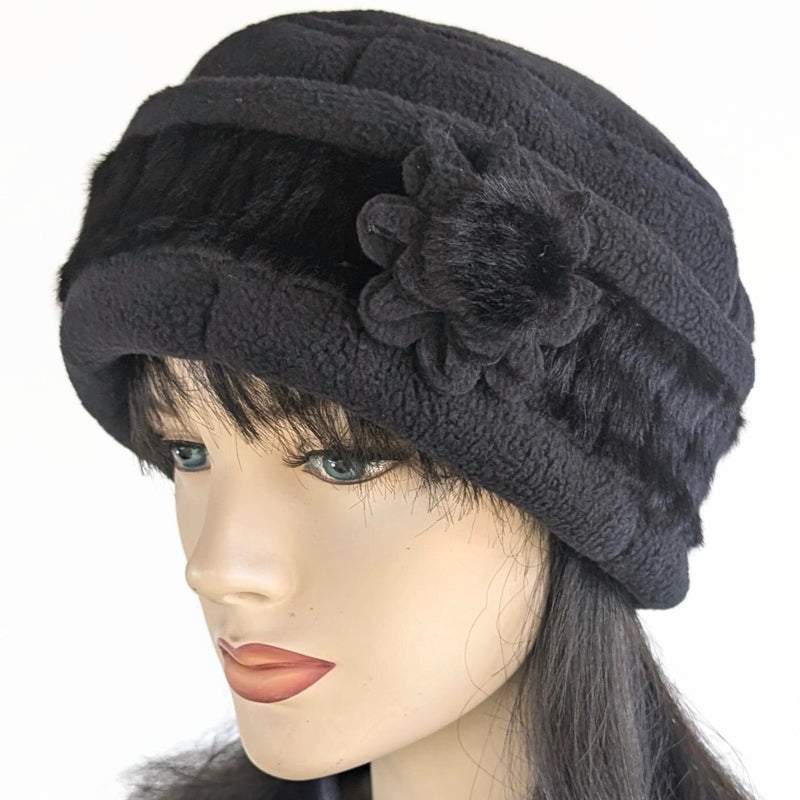 Fleece Fashion Toque with adjustable cuff and faux fur trim, with floral pin trim, asst'd colors