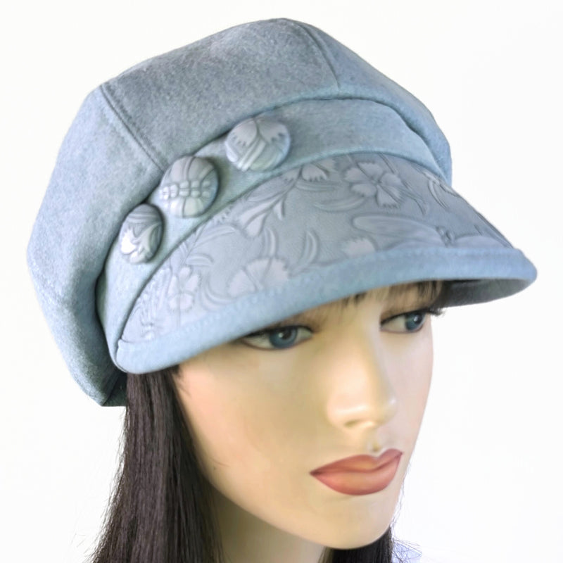 Baggy Poorboy Fashion Cap in bleached denim, embossed vinyl visor, button trim