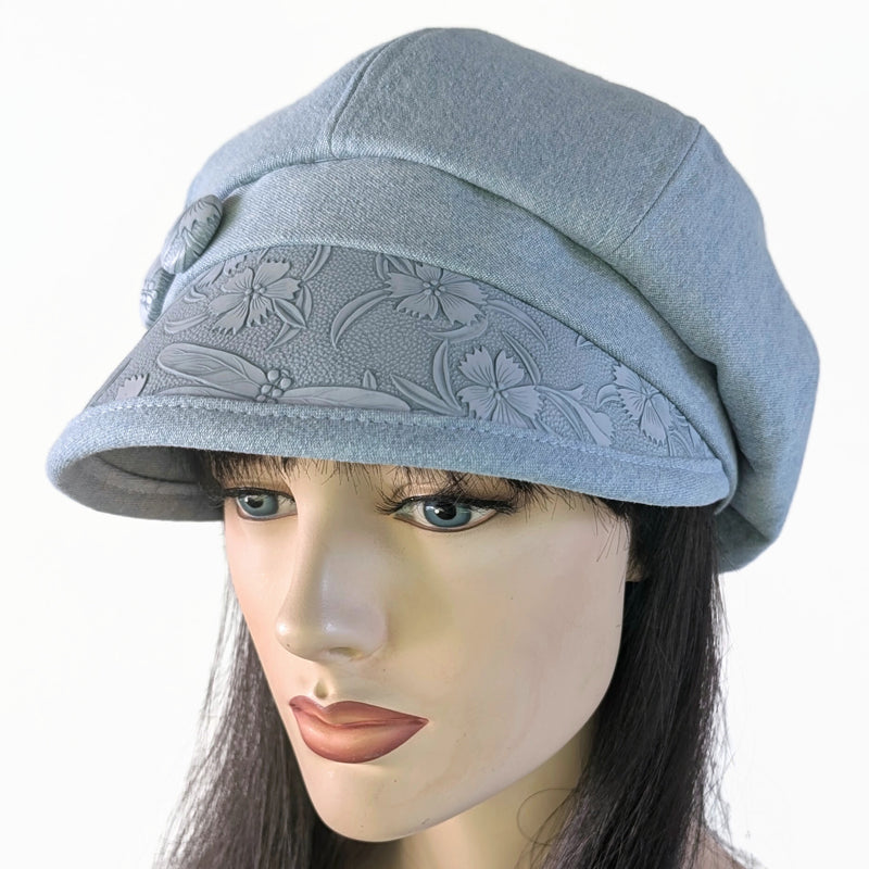 Baggy Poorboy Fashion Cap in bleached denim, embossed vinyl visor, button trim