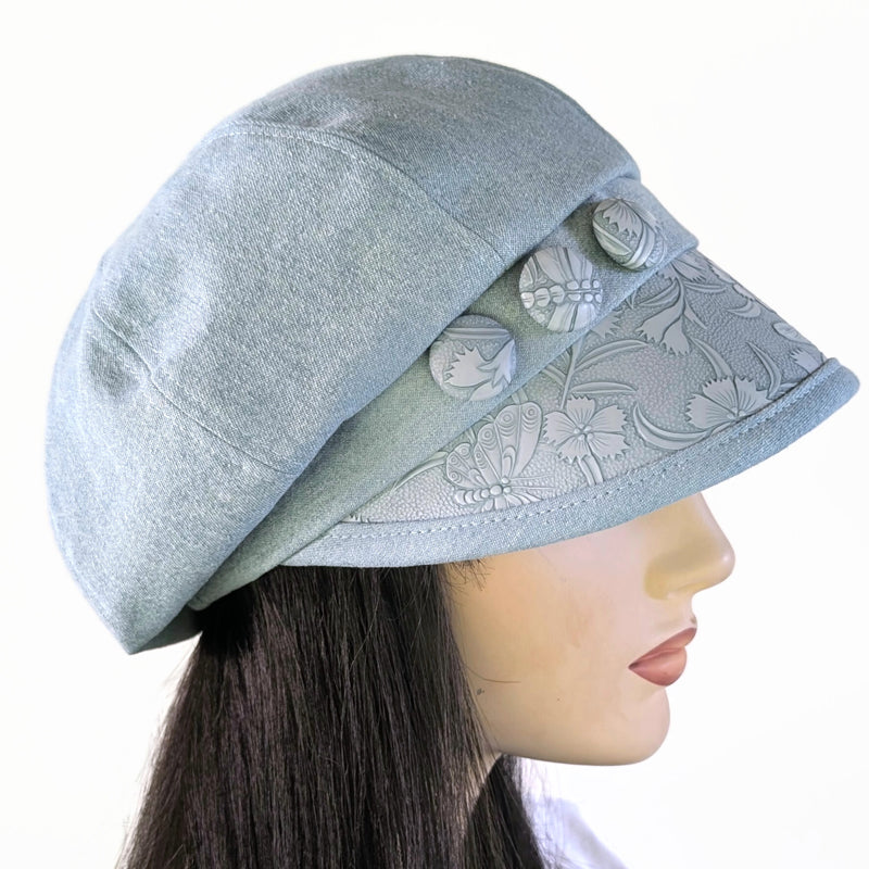 Baggy Poorboy Fashion Cap in bleached denim, embossed vinyl visor, button trim