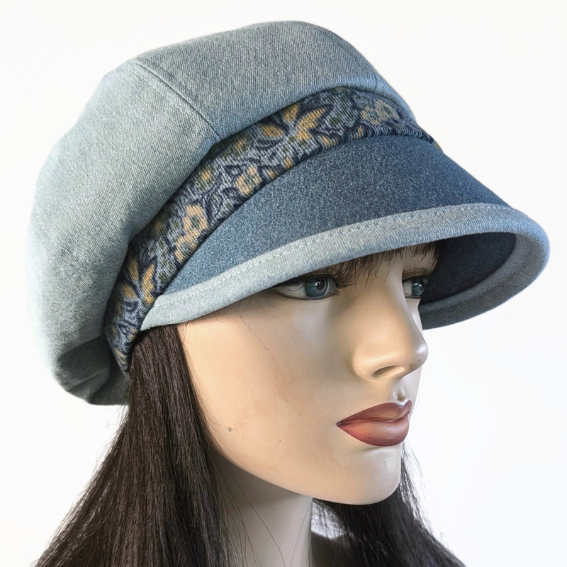 Baggy Poorboy Fashion Cap in mix of denim and cord, blue theme, with wide flattering visor, one size fit