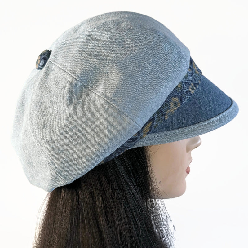 Baggy Poorboy Fashion Cap in mix of denim and cord, blue theme, with wide flattering visor, one size fit