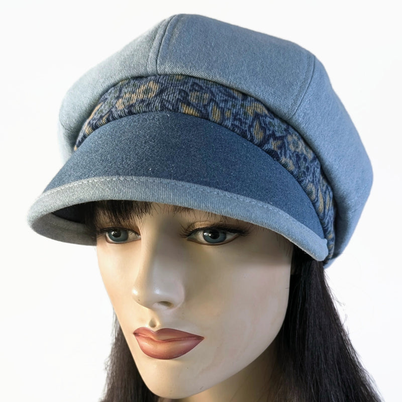 Baggy Poorboy Fashion Cap in mix of denim and cord, blue theme, with wide flattering visor, one size fit