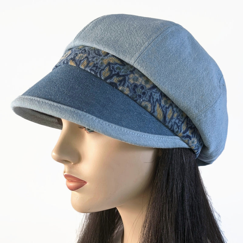 Baggy Poorboy Fashion Cap in mix of denim and cord, blue theme, with wide flattering visor, one size fit