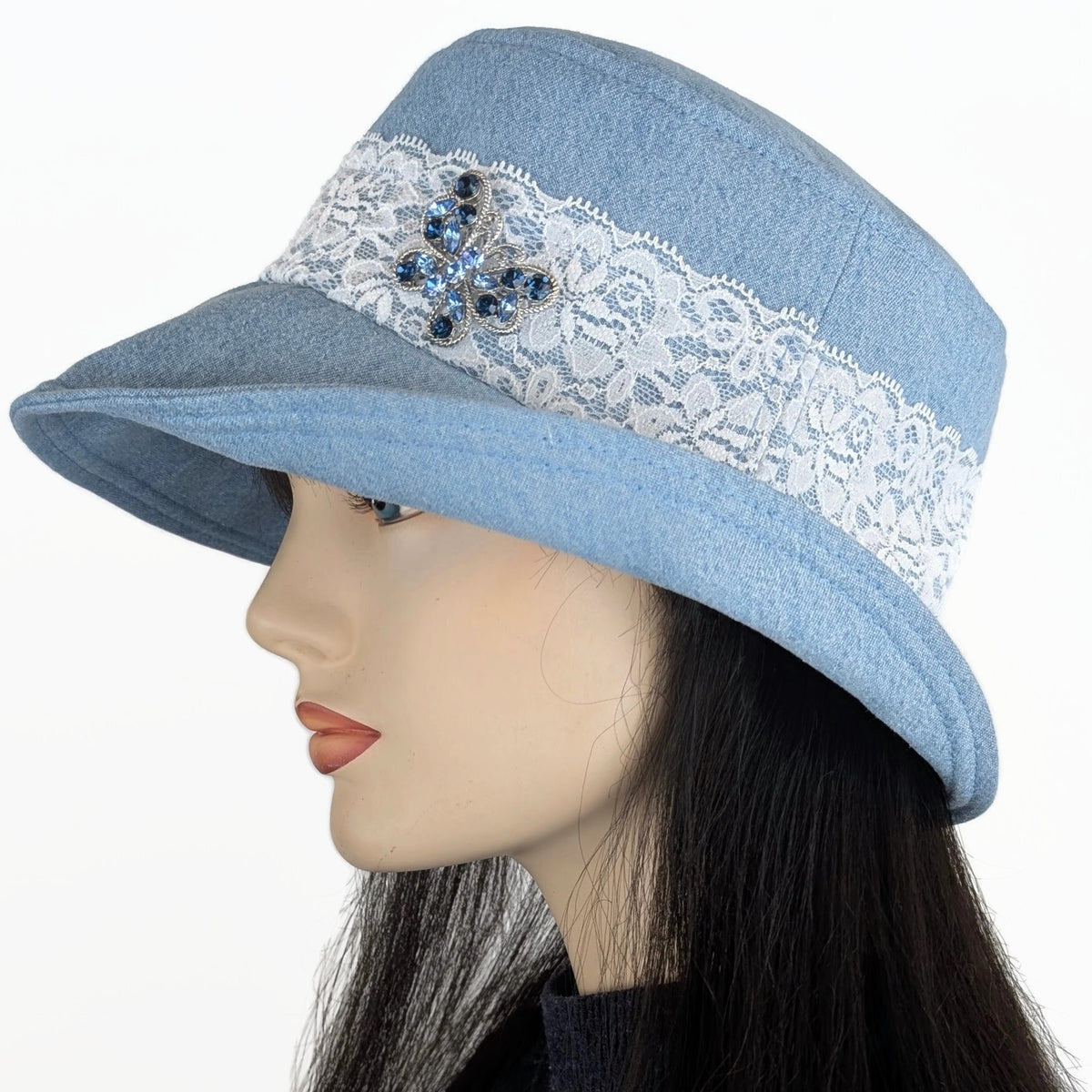 Sun Hat Perfect Bucket Hat, bleached denim with white lace and butterfly pin trim, with deep bucket brim