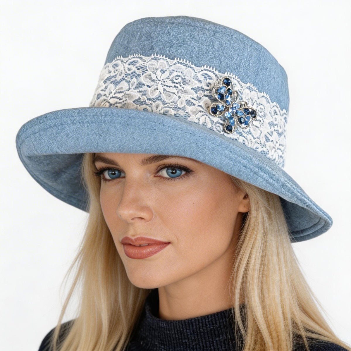 Sun Hat Perfect Bucket Hat, bleached denim with white lace and butterfly pin trim, with deep bucket brim