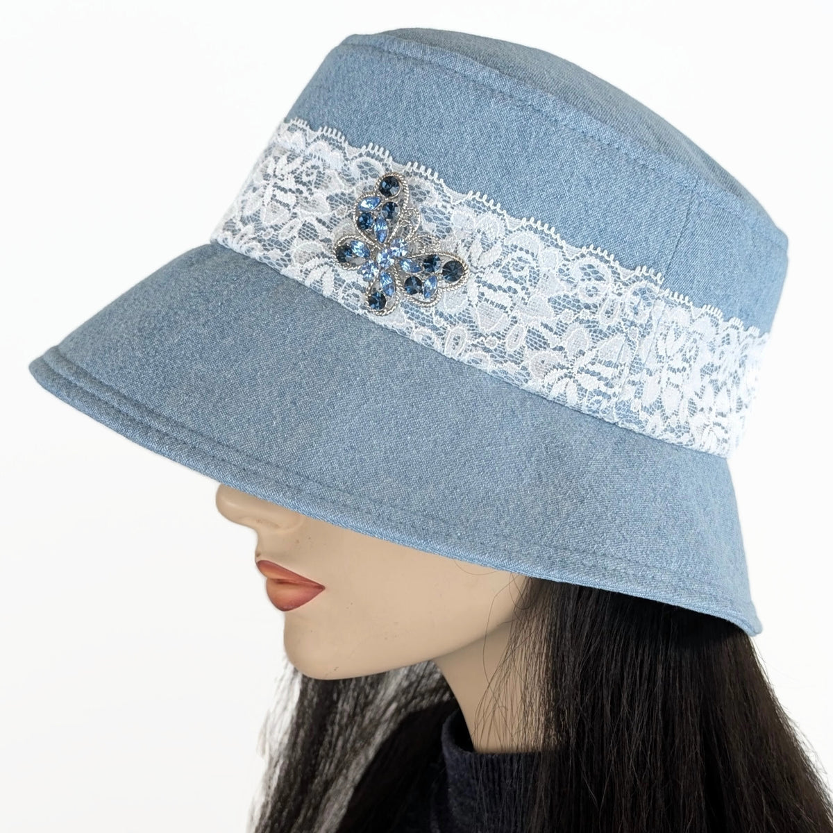 Sun Hat Perfect Bucket Hat, bleached denim with white lace and butterfly pin trim, with deep bucket brim
