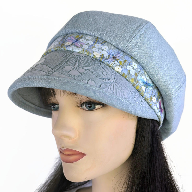 Baggy Poorboy Fashion Cap in bleached denim, embossed vinyl visor, dragonfly trim