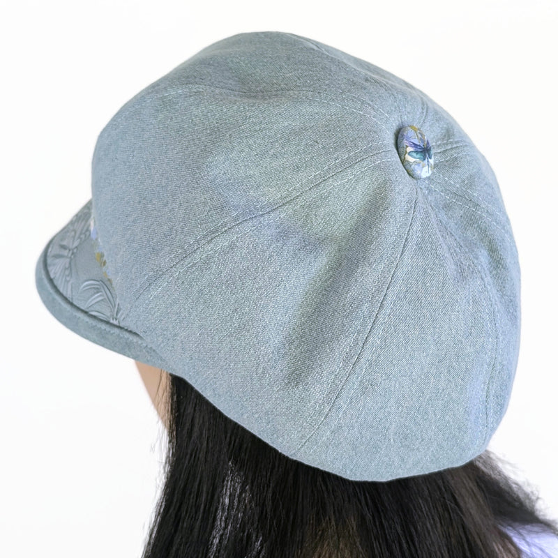 Baggy Poorboy Fashion Cap in bleached denim, embossed vinyl visor, dragonfly trim