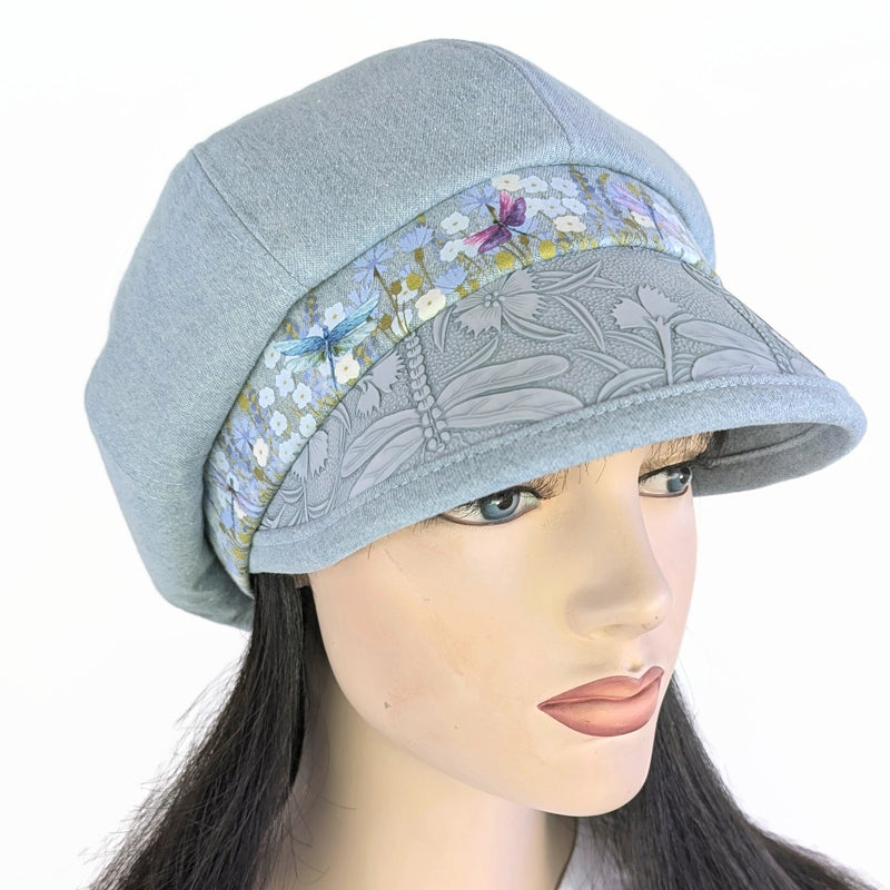 Baggy Poorboy Fashion Cap in bleached denim, embossed vinyl visor, dragonfly trim