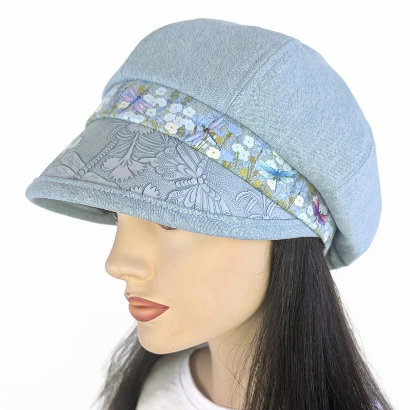 Baggy Poorboy Fashion Cap in bleached denim, embossed vinyl visor, dragonfly trim