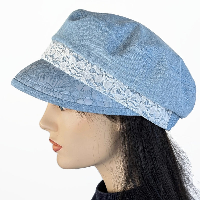Fisher Fashion Cap in bleached denim, lace trim, embossed faux leather wide visor, relaxed fit
