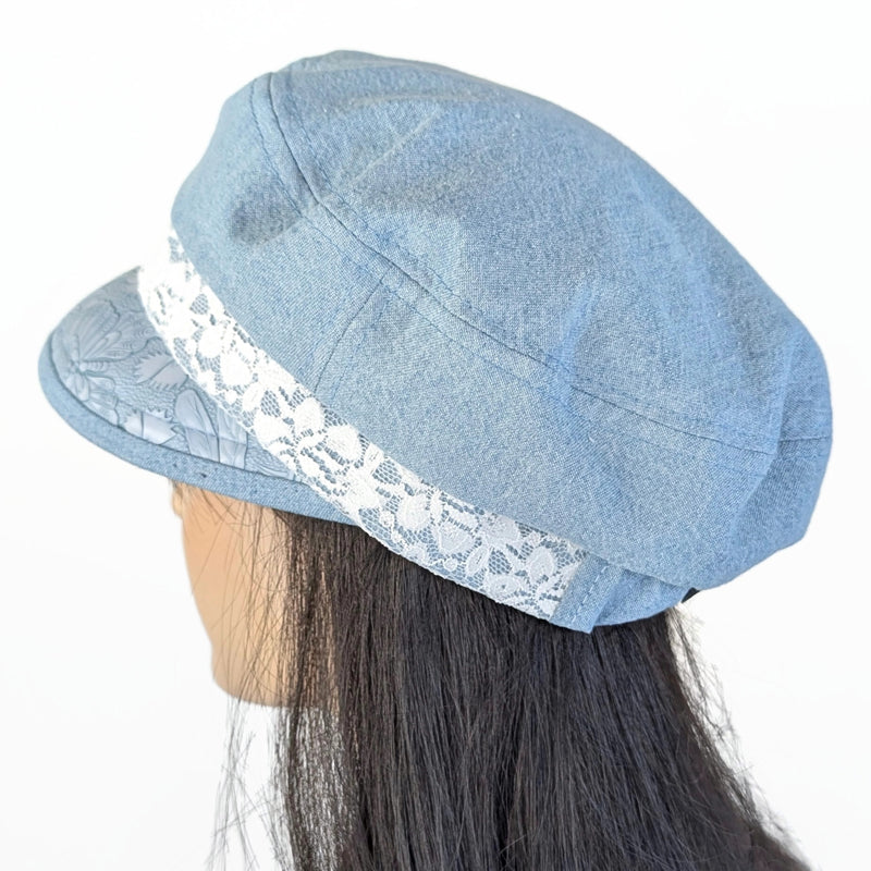 Fisher Fashion Cap in bleached denim, lace trim, embossed faux leather wide visor, relaxed fit