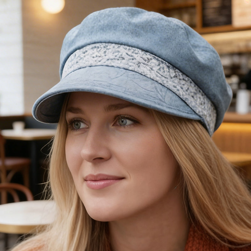 Fisher Fashion Cap in bleached denim, lace trim, embossed faux leather wide visor, relaxed fit