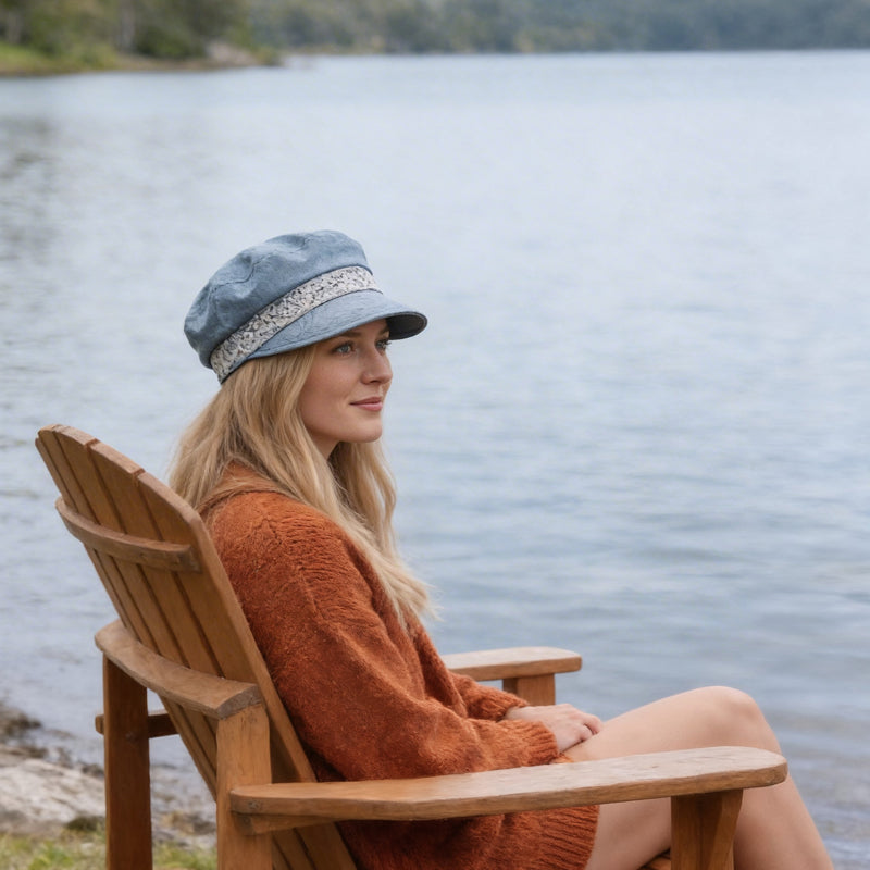 Fisher Fashion Cap in bleached denim, lace trim, embossed faux leather wide visor, relaxed fit