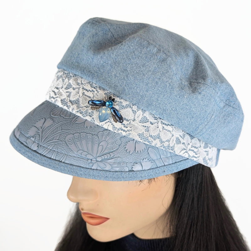 Fisher Fashion Cap in bleached denim, lace trim, embossed faux leather wide visor, relaxed fit