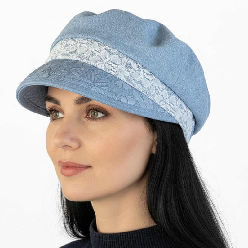 Fisher Fashion Cap in bleached denim, lace trim, embossed faux leather wide visor, relaxed fit