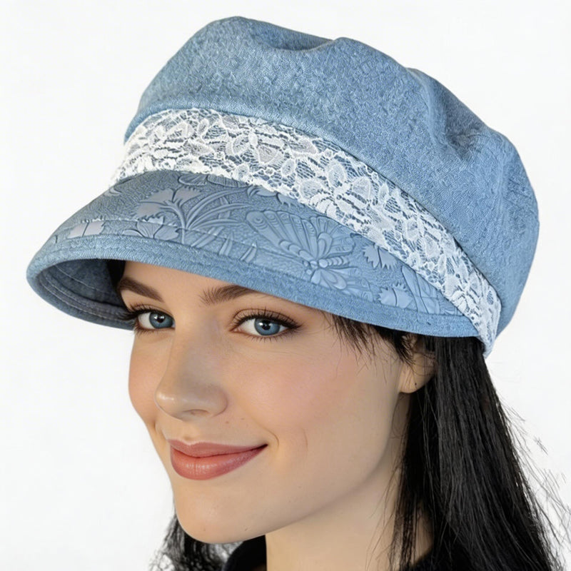 Fisher Fashion Cap in bleached denim, lace trim, embossed faux leather wide visor, relaxed fit