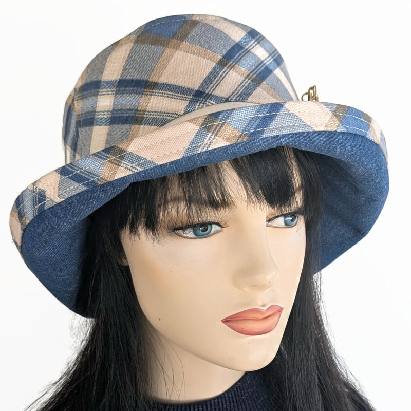 The Perfect Sun Hat Fun Hat, blue and tan plaid, with flattering brim mid size brim and flower pin