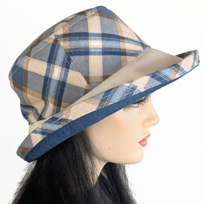 The Perfect Sun Hat Fun Hat, blue and tan plaid, with flattering brim mid size brim and flower pin