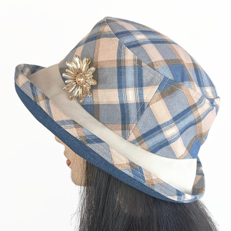 The Perfect Sun Hat Fun Hat, blue and tan plaid, with flattering brim mid size brim and flower pin