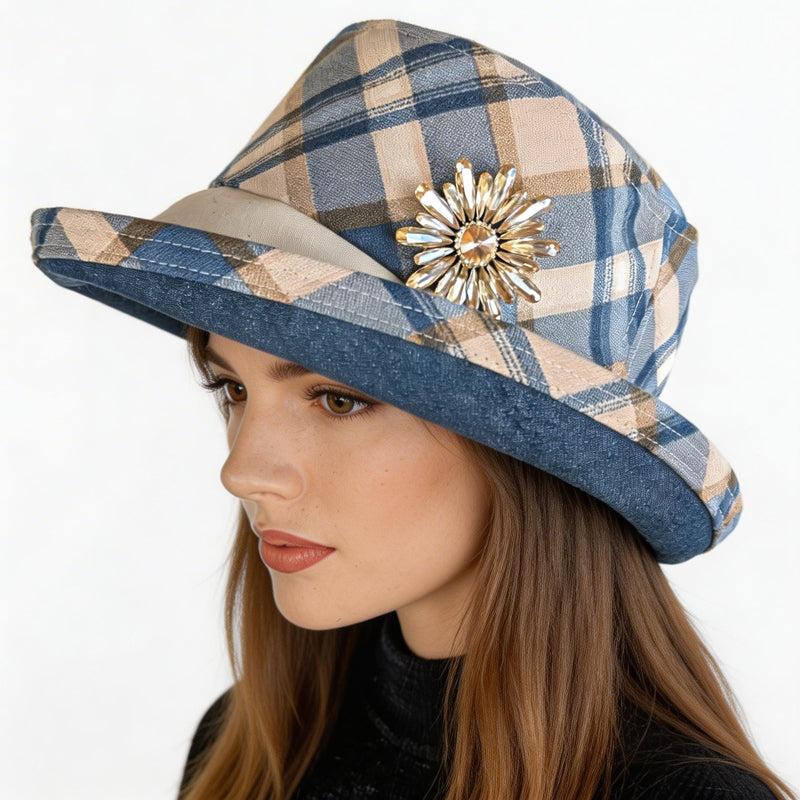 The Perfect Sun Hat Fun Hat, blue and tan plaid, with flattering brim mid size brim and flower pin