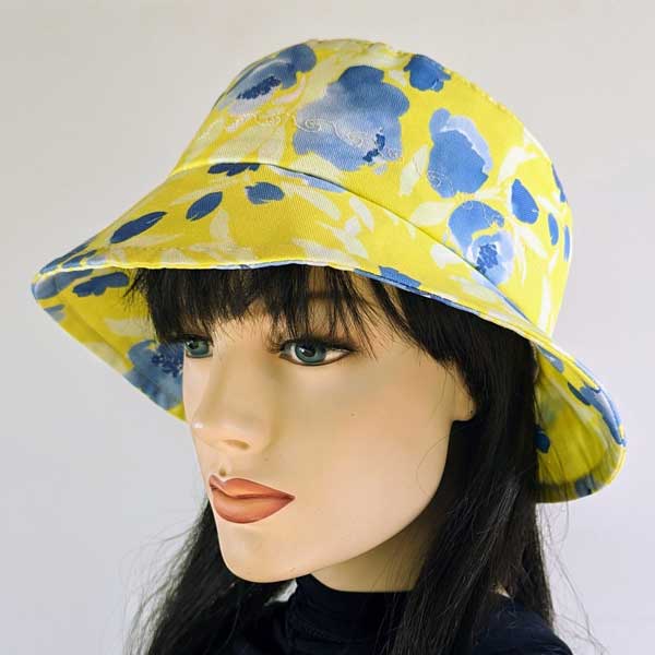 Summer Bucket Hat, yellow and blue floral theme, adjustable fit, fully lined
