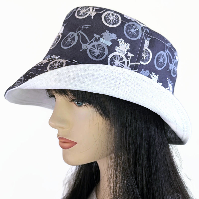 Sun Hat Perfect Bucket Hat, Blue bicycle print, deep bucket brim